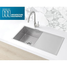 Meir Kitchen Sink Single Bowl with Drainer 840x440 Brushed Nickel features Brushed Nickel Sink mixer | The Blue Space