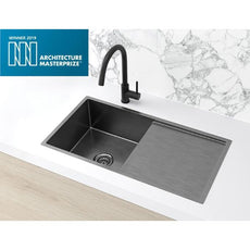 Meir Kitchen Sink Single Bowl with Drainer 840x440 Gunmetal Black features Gunmetal Sink mixer | The Blue Space