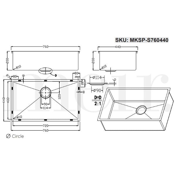 Technical Drawing: Meir Single Large Bowl Kitchen Sink 760mm