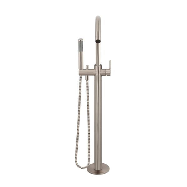 Meir Paddle Round Freestanding Bath Spout and Hand Shower Champagne in Front View - The Blue Space