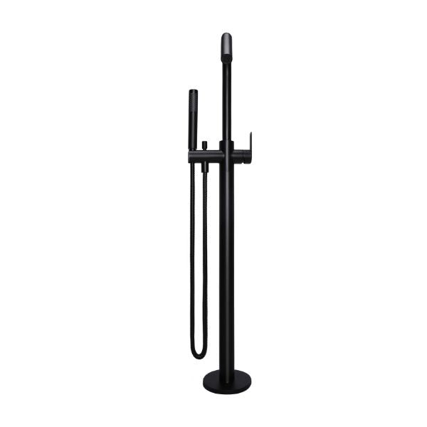 Meir Paddle Round Freestanding Bath Spout and Hand Shower Matte Black in Front view - The Blue Space