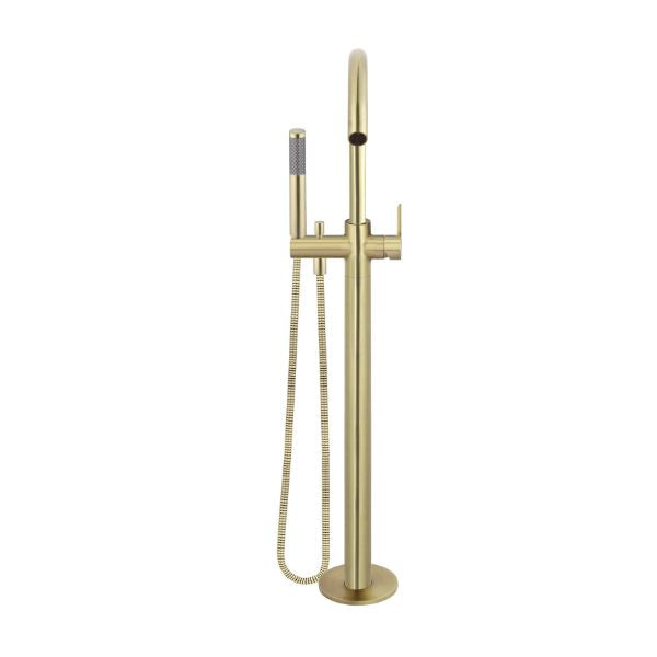 Meir Paddle Round Freestanding Bath Spout and Hand Shower Tiger Bronze in Front view - The Blue Space
