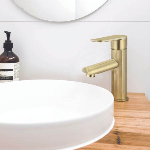 Meir Paddle Round Basin Mixer Tiger Bronze in modern bathroom design - The Blue Space