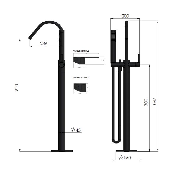 Technical Drawing; Meir Paddle Round Freestanding Bath Spout and Hand Shower