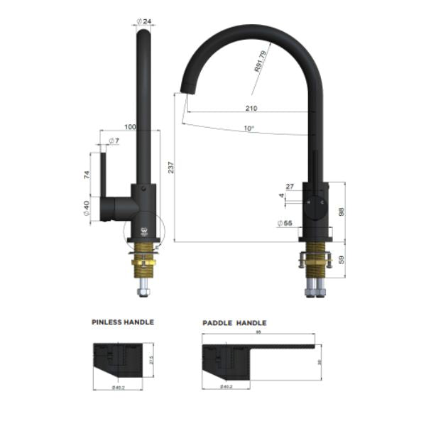Technical Drawing; Meir Paddle Round Gooseneck Kitchen Sink Mixer Tap