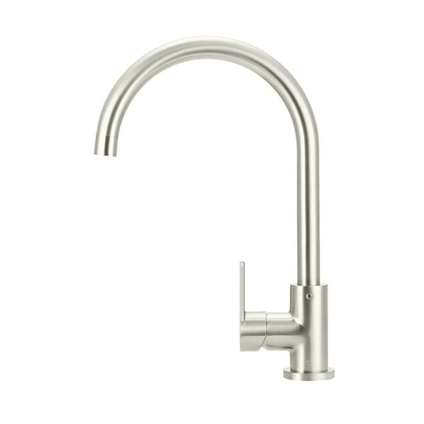 Meir Paddle Round Gooseneck Kitchen Sink Mixer Tap Brushed Nickel in Side view - The Blue Space