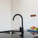 Meir Paddle Round Gooseneck Sink mixer in Matte Black in Modern Kitchen Design - The Blue Space