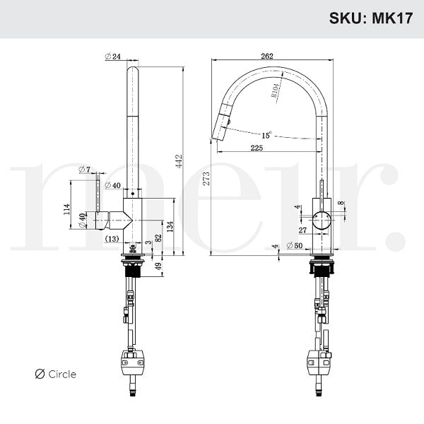 Technical Drawing: Meir Paddle Round Pull Out Kitchen Sink Mixer Tap