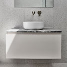 Meir Paddle Round Wall Mixer Brushed Nickel features spout and basin in modern bathroom design - The Blue Space