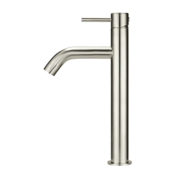 Meir Piccola Tall Basin Mixer - Brushed Nickel in side view - The Blue Space