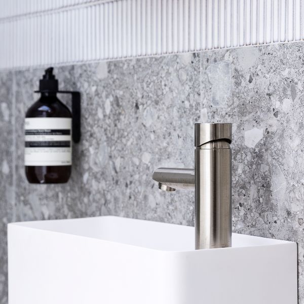 Meir Pinless Round Basin Mixer Brushed Nickel finish in modern bathroom design - The Blue Space