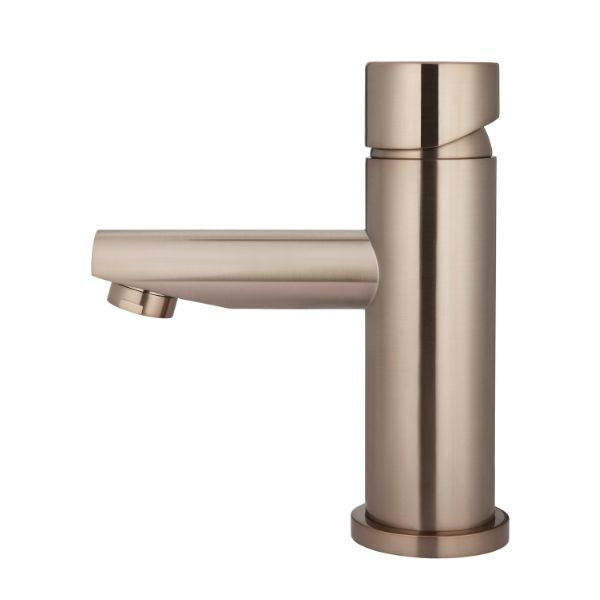 Meir Pinless Round Basin Mixer - Champagne in side view - The Blue Space