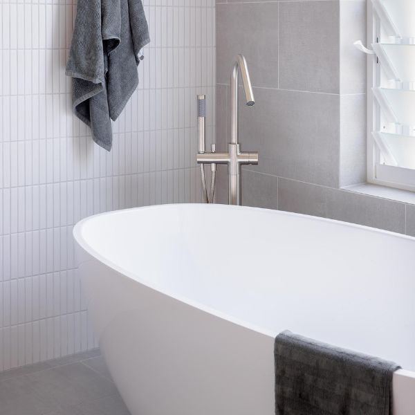 Meir Pinless Round Freestanding Bath Spout and Hand Shower Brushed Nickel in Modern Kitchen Design- The Blue Space