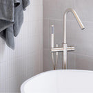 Meir Pinless Round Freestanding Bath Spout and Hand Shower Brushed Nickel in Modern Kitchen Design- The Blue Space