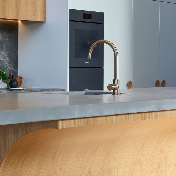 Meir Pinless Round Kitchen Sink Mixer Tap Champagne in Modern Kitchen Design - The Blue Space