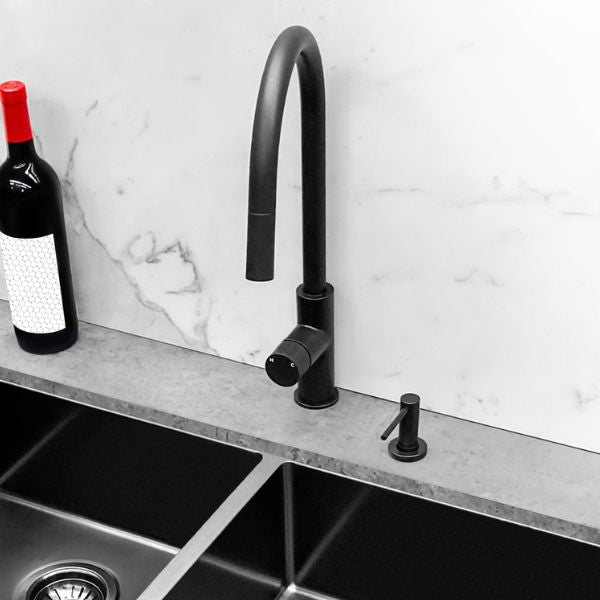 Meir Pinless Round Pull Out Kitchen Sink Mixer Tap Matte Black in Modern Kitchen Design - The Blue Space