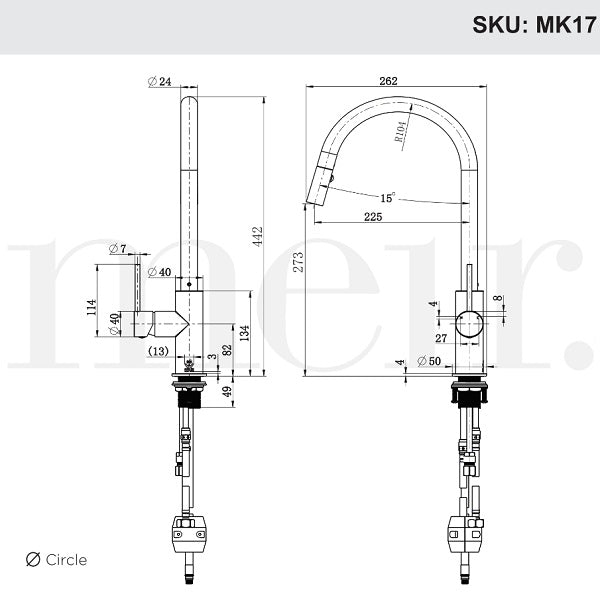 Technical Drawing: Meir Pinless Round Pull Out Kitchen Sink Mixer Tap