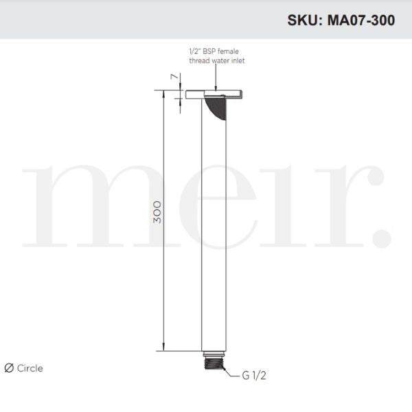 Meir Round Ceiling Shower Arm 300mm Technical Drawing - The Blue Space