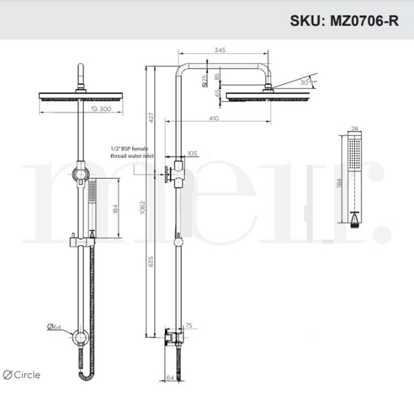 Meir Round Combination Shower Rail 300mm Rose Single Function Hand Shower Technical Drawing - The Blue Space