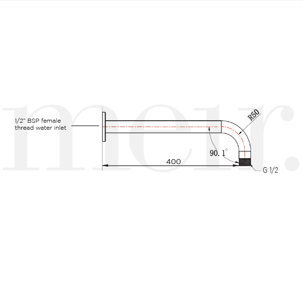 Meir Round Curved Wall Shower Arm 400mm Technical Drawing  - The Blue Space 