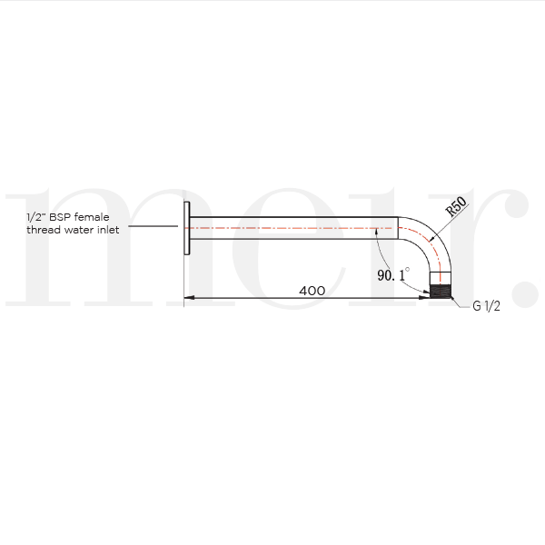Meir Round Curved Wall Shower Arm 400mm Technical Drawing  - The Blue Space 