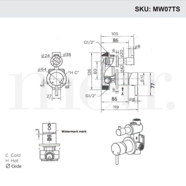 Meir Round Diverter Mixer Technical Drawing - The Blue Space