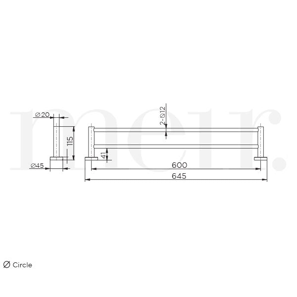 Meir Round Double Towel Rail 600mm Technical Drawing - The Blue Space