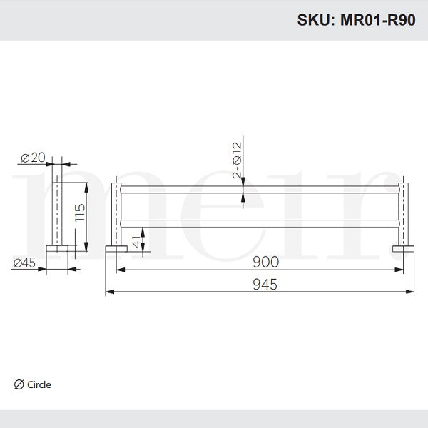 Technical Drawing: Meir Round Double Towel Rail 900mm