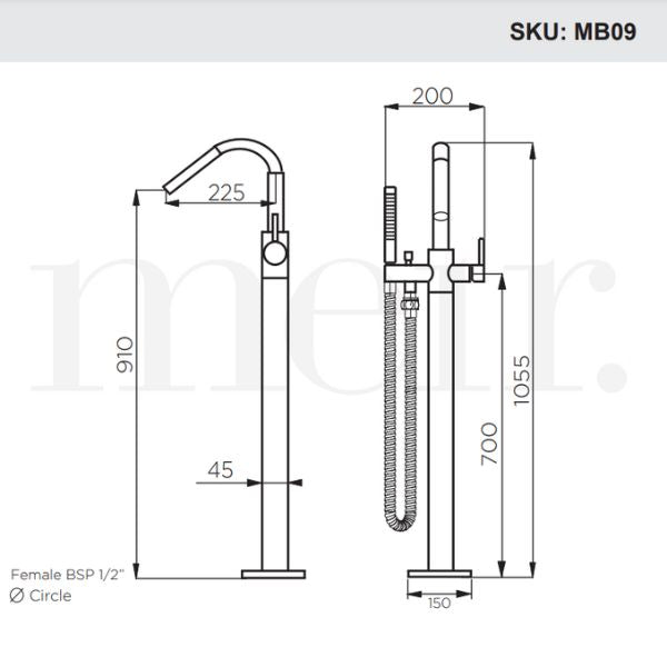 Meir Round Freestanding Bath Spout and Hand Shower Technical Drawing - The Blue Space