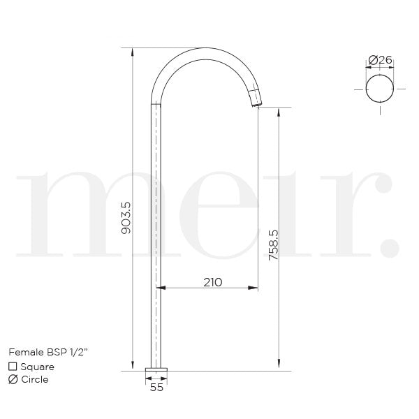 Meir Round Freestanding Bath Filler Technical Drawing -  The Blue Space