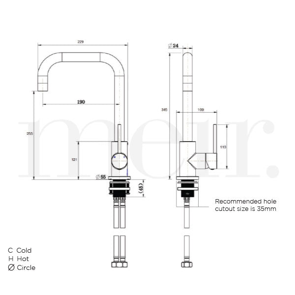 Meir Round Kitchen Mixer Brushed Nickel Technical Drawing - The Blue Space