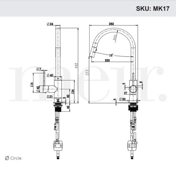 Meir Round Piccola Pull Out Kitchen Mixer Tap Technical Drawing - The Blue Space