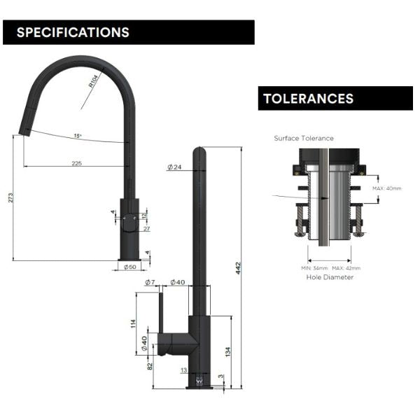 Technical Drawing: Meir Round Piccola Pull Out Kitchen Sink Mixer Tap MK17-PVDBN