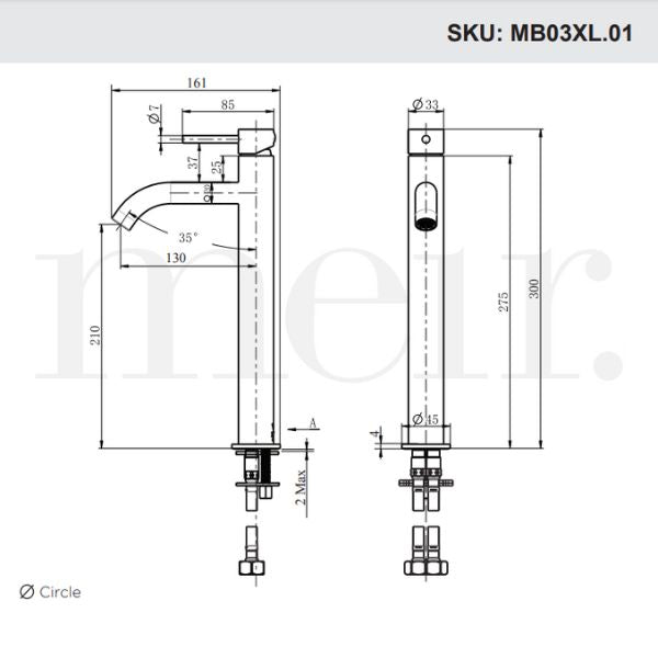 Meir Round Piccola Tall Basin Mixer Tap with 130mm Spout Technical Drawing - The Blue Space