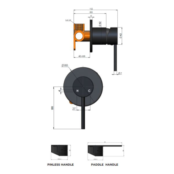 Technical Drawing: Meir Pinless Round Wall Mixer