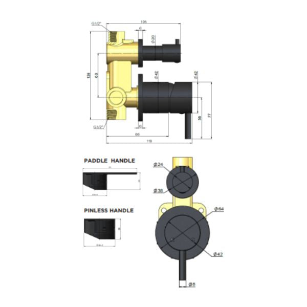 Technical Drawing: Meir Pinless Round Wall Mixer with Diverter