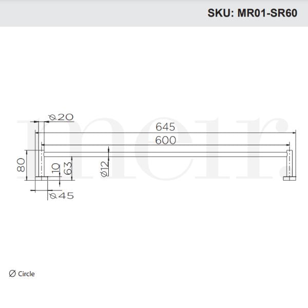 Meir Round Single Towel Rail 600mm Technical Drawing - The Blue Space