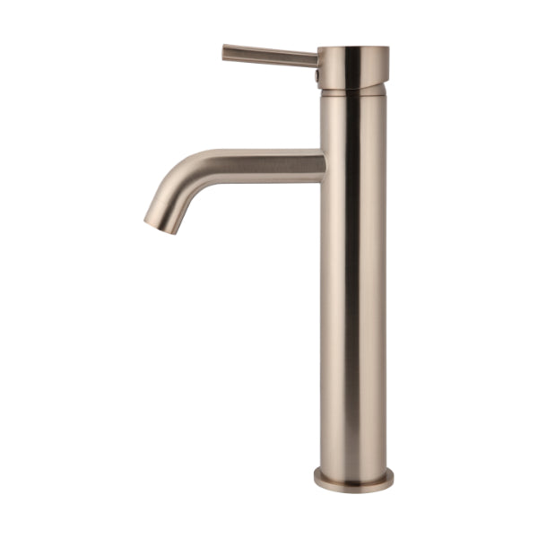 Meir Round Tall Champagne Basin Mixer with Curved Spout | The Blue Space