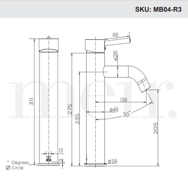 Meir Round Tall Curved Basin Mixer Technical Drawing - The Blue Space