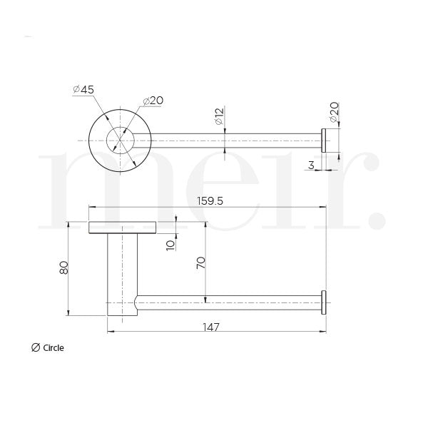 Meir Round Toilet Roll Holder Technical Drawing - The Blue Space