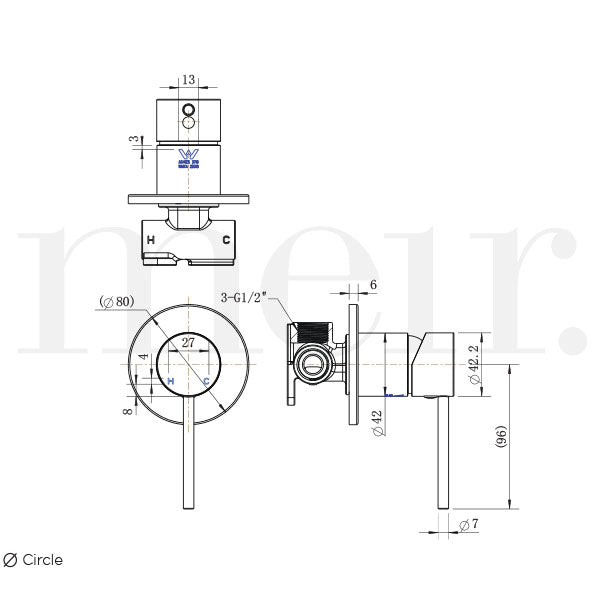 Meir Round Wall Mixer Technical Drawing - The Blue Space