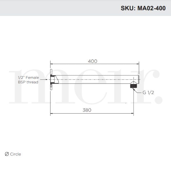Meir Round Wall Shower Arm 400mm Technical Drawing - The Blue Space