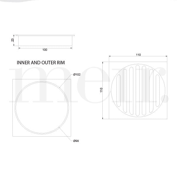 Meir Square Floor Grate Shower Drain 100mm Outlet Technical Drawing - The Blue Space