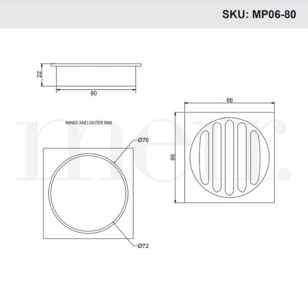 Meir Square Floor Grate Shower Drain 80mm Outlet Technical Drawing - The Blue Space