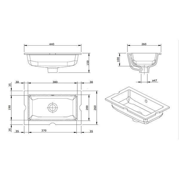 Turner Hastings Mini Agres 44 x 26 Under Counter Basin Technical Drawing - The Blue Space