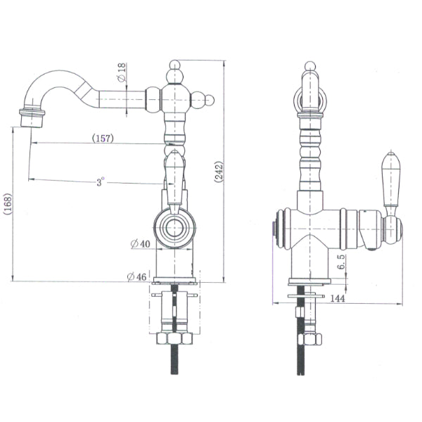 Modern National Bordeaux High Rise Basin Mixer Technical Drawing - The Blue Space