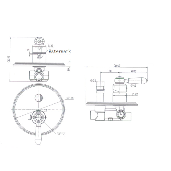 Modern National Bordeaux Shower Diverter Mixer Technical Drawing - The Blue Space