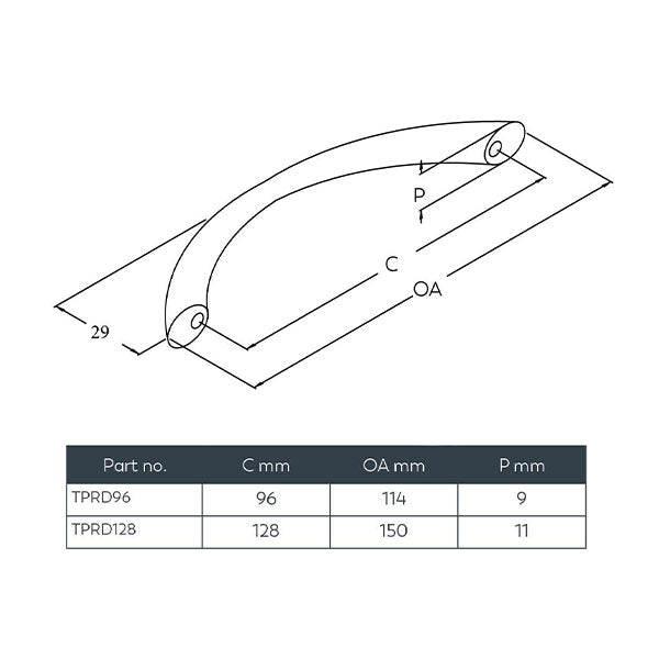 Momo Handles Halden Bow Handle 128mm Technical Drawing - The Blue Space