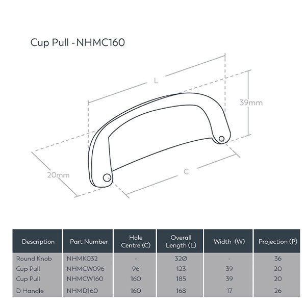 Momo Handles New Hampton Large Cup Pull 160mm Technical Drawing - The Blue Space