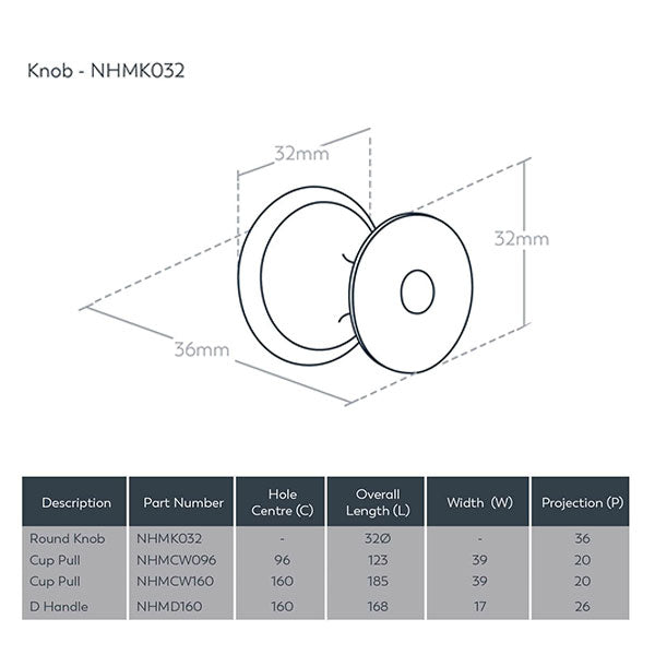 Momo Handles New Hampton Round Knob 32mm Technical Drawing - The Blue Space